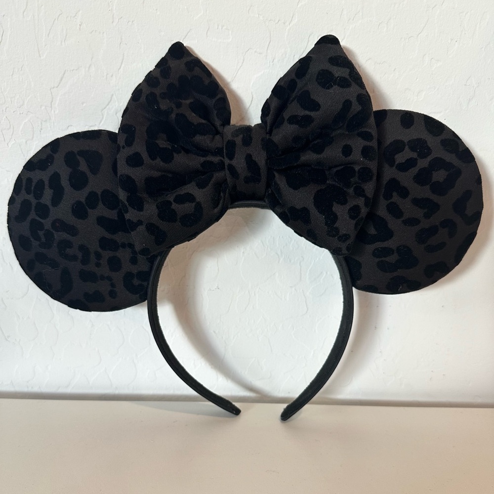 Black Velvet Leopard Print Minnie Bow Mickey Ears Headband